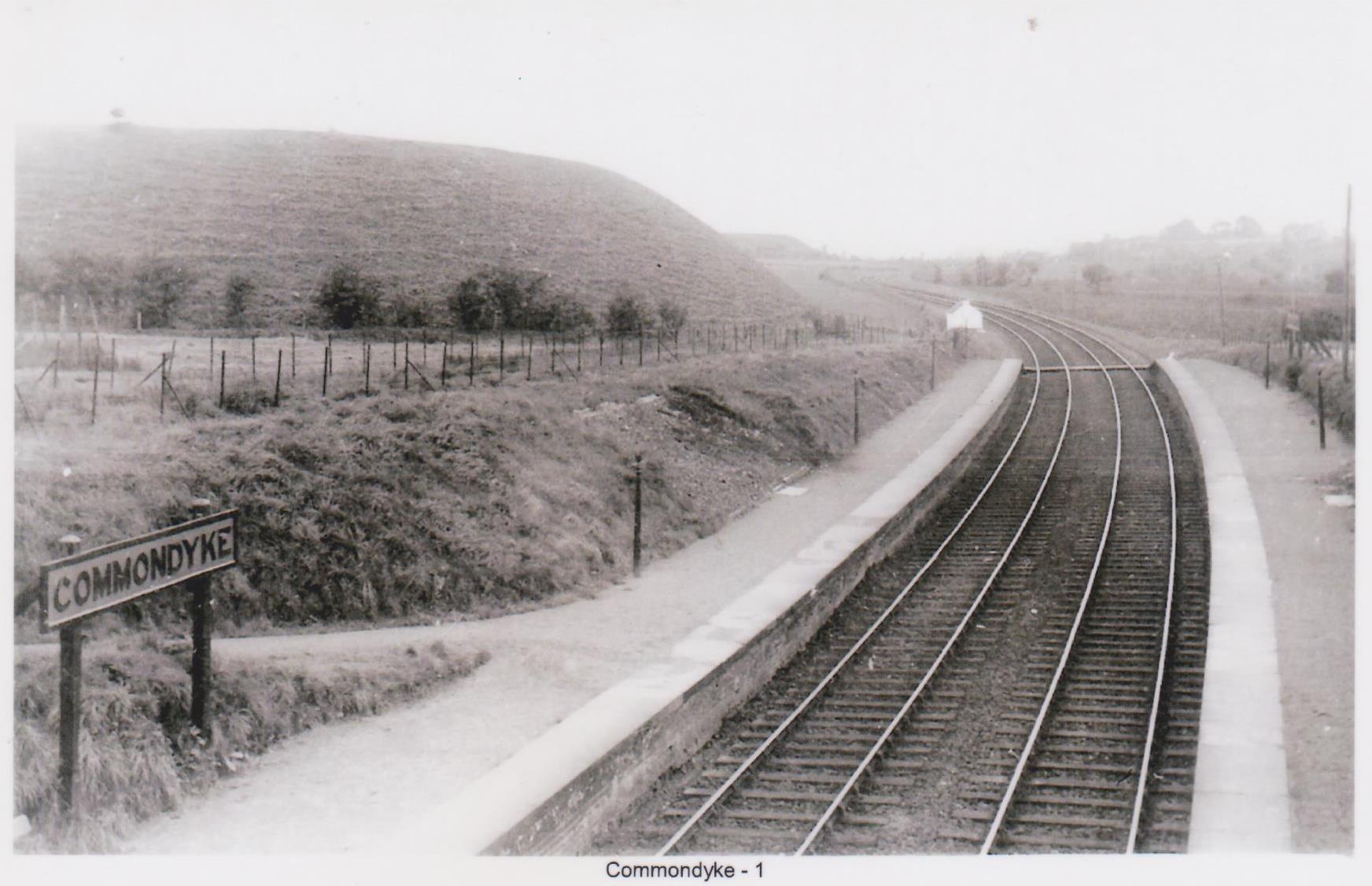 Railway in the countryside stretching into the distance. On the left in the foreground is a sign saying 'Commondyke'