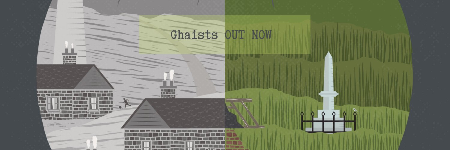 Illustration with half of the picture in as a black and white drawing of some houses with someone playing football in the background. The other half is green and only show the grass and a war memorial.
